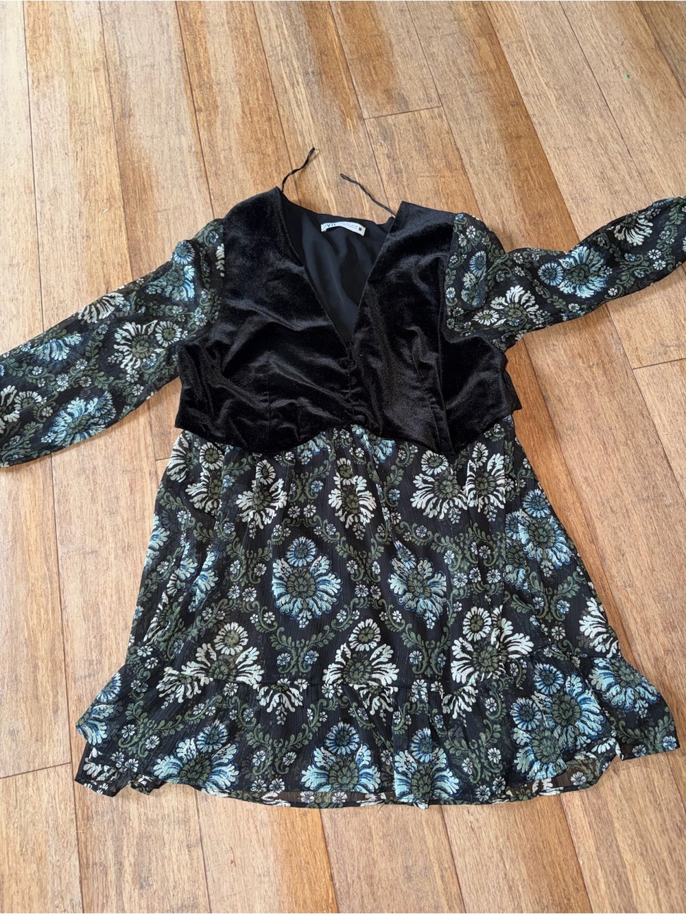 Zara • Black Velvet Bodice Mini Dress with Blue & Green Floral Print
